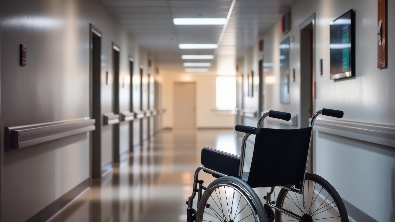Hospital corridor with empty wheelchair