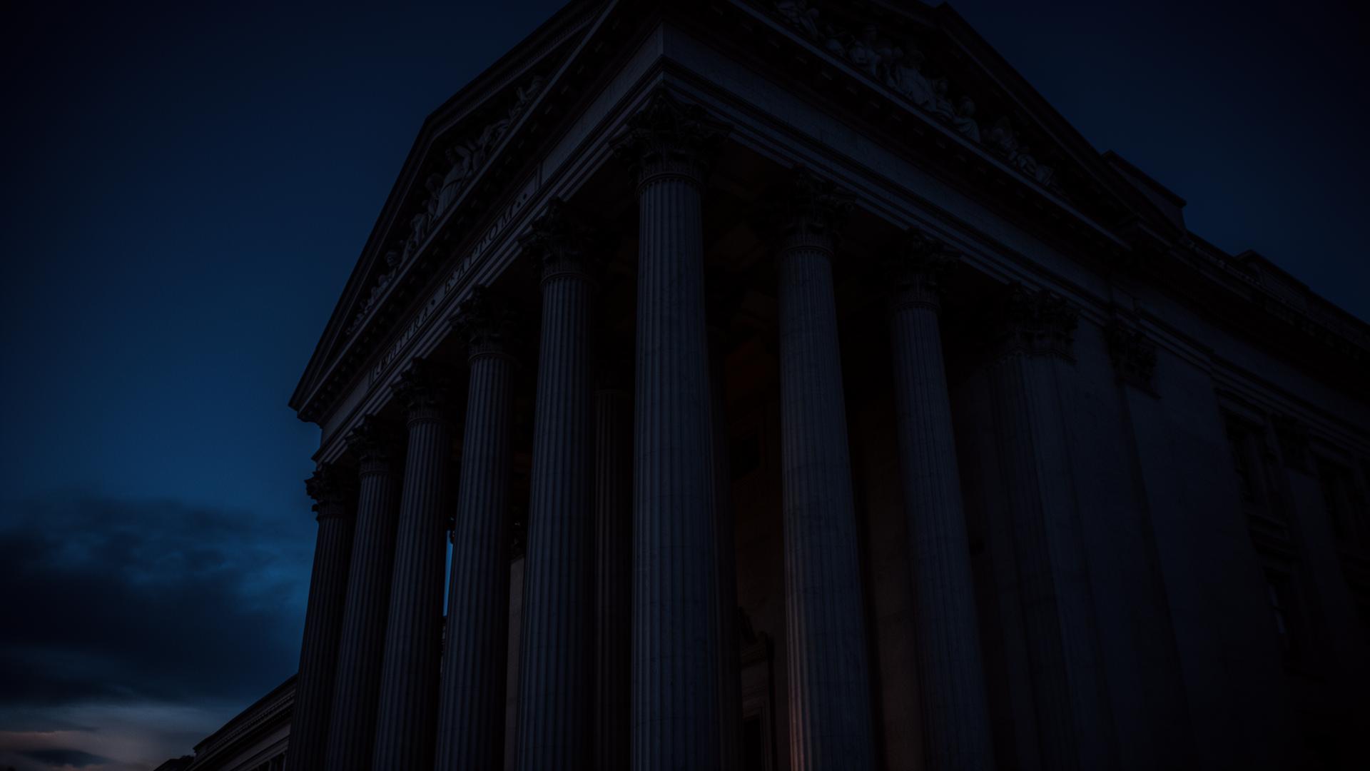 Classical courthouse columns at dusk